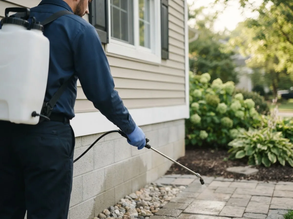 Pest control technician inspecting a home in Gene Autry, OK